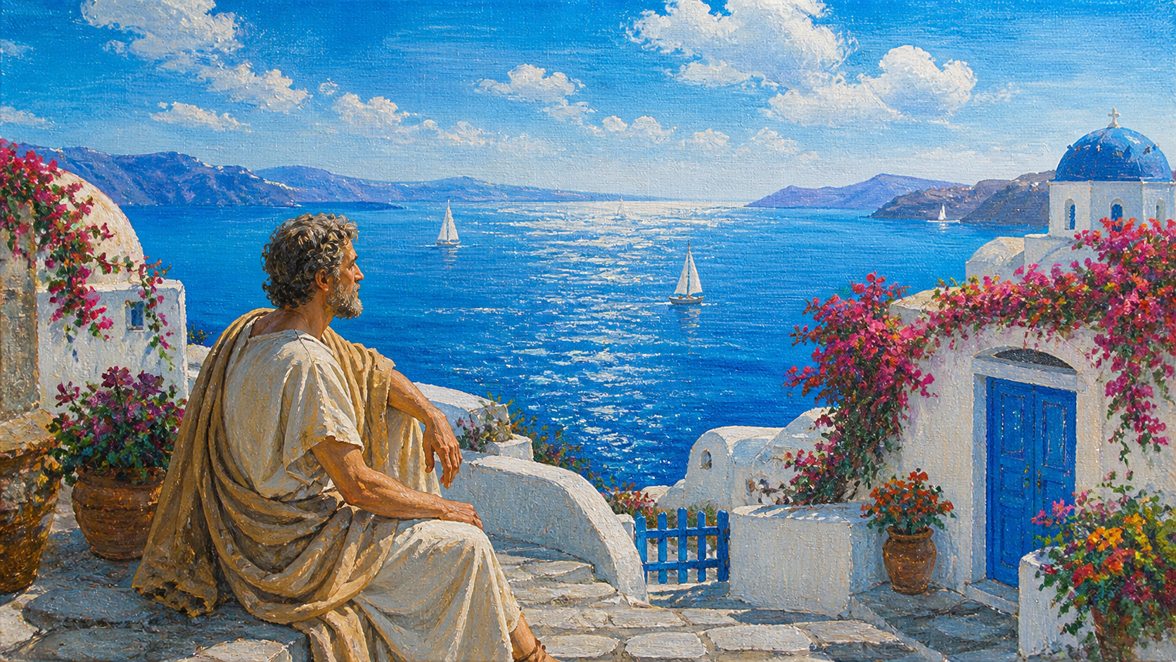 Painted Greek island terrace overlooking a bright blue sea with white buildings and pink flowers.